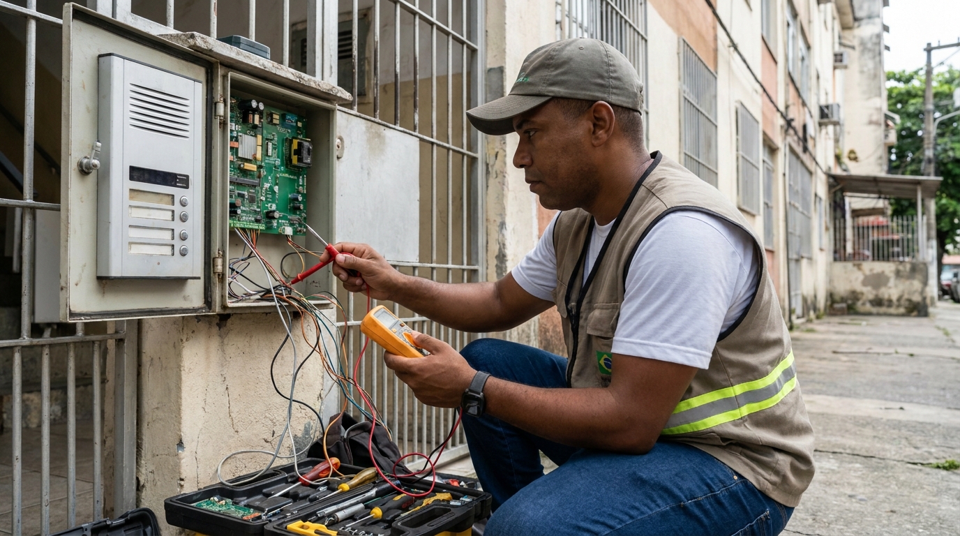 Eletricista consertando interfone em Cotia‑SP