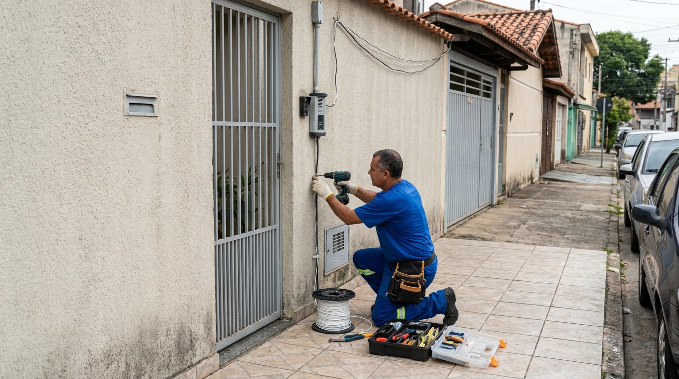 Eletricista instalando interfone em Cotia‑SP