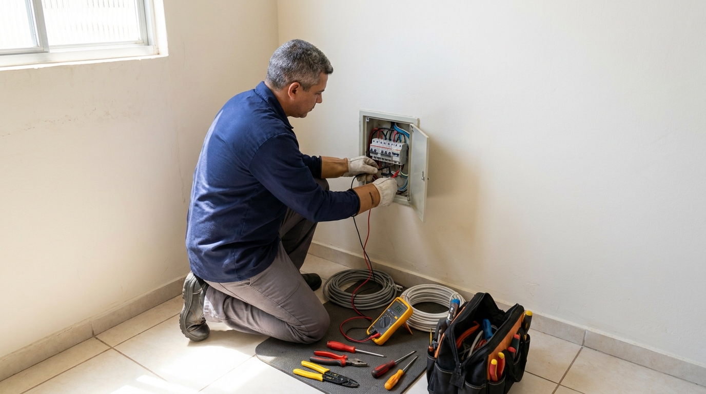 Eletricista realizando manutencao em Cotia‑SP